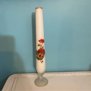 Vintage  milk glass gold rim floral tall glass‎ pedestal vase